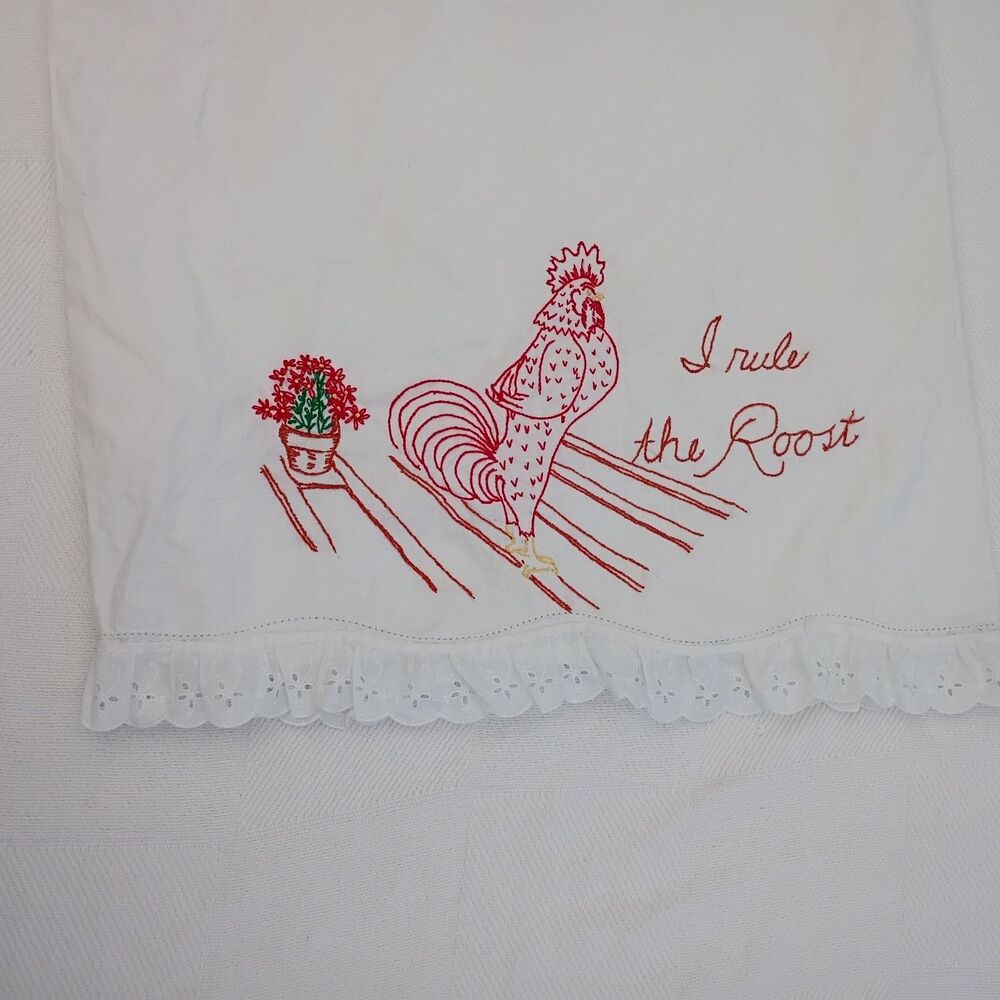 VTG Hand Embroidered Rooster Pillowcase White Eyelet Trim 20x30 Queen Cottage